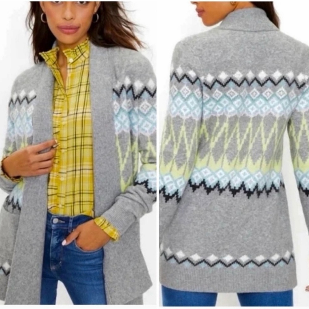 LOFT Gray and Yellow Fair Isle Patterned Shawl Style Open Front Cardigan Size M
